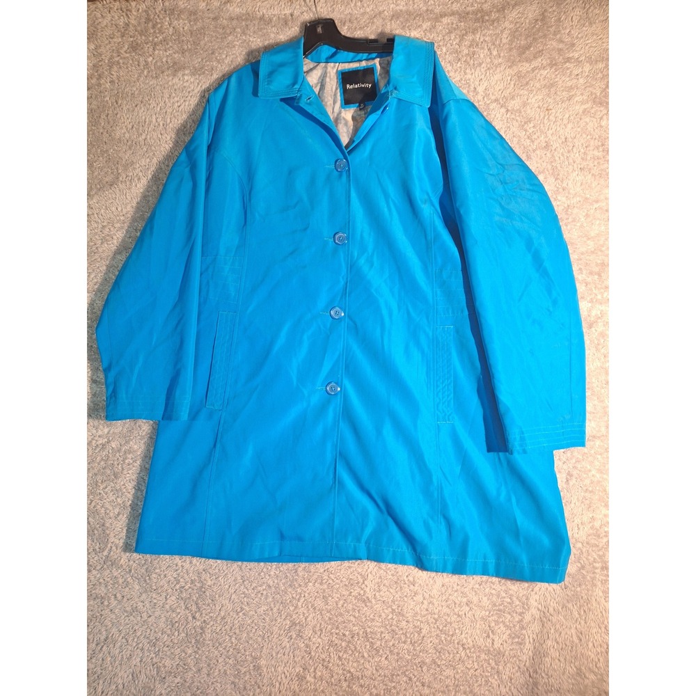 Relativity Womens 3X Raincoat Turquoise Blue Button Front Lightweight Jacket